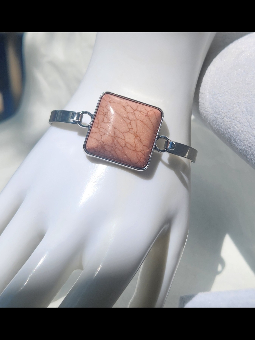 Cornerstone Brown Square Stone Silver Tone Cuff Bracelet With Hinge Closure